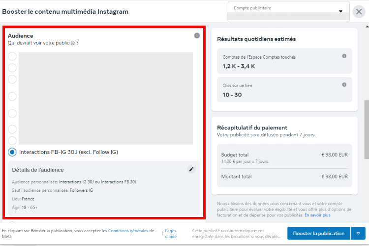 choix audience boost-publication meta business suite